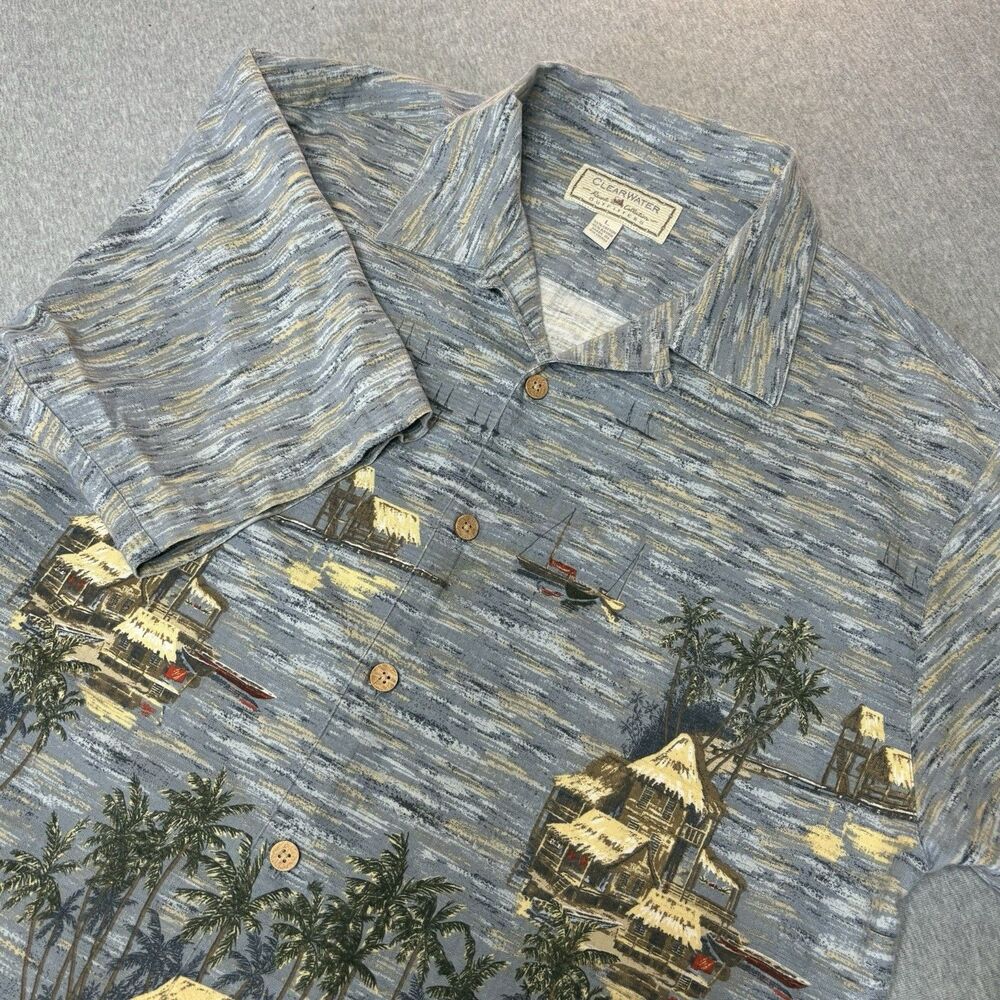 Vintage 90s Clearwater Outfitters Tropical Hut Waterfront‎ Camp Shirt Size L